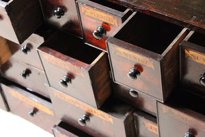 A Large & Fabulous 19thC Bank of 39 Flame Mahogany Apothecary Drawers c.1860-70