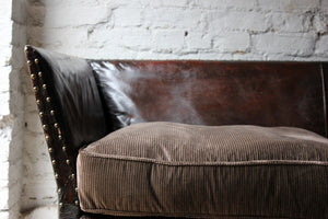 A Comfortable Early 20thC Oak, Leather & Corduroy Upholstered & Studded Sofa c.1915