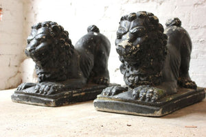 A Striking Pair of Painted Mid 20thC Recumbent Stone Garden Lions