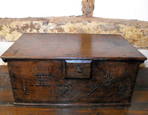 An Eighteenth Century Oak Bible Box, Marked 'ES 1778' in Studwork