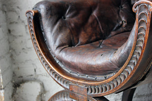 A Good 19thC Carved Oak & Leather Upholstered Savonarola Armchair