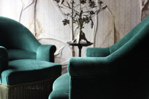 An Attractive Pair of French Napoleon III Style Beech & Green Velvet Upholstered Easy Armchairs c.1940-60